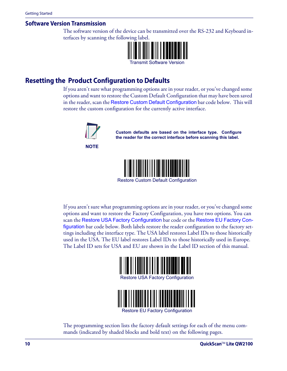 Software version transmission, Resetting the product configuration to defaults, G bar code labels, like | Resetting the product configura, Require | Datalogic QuickScan Lite QW2100 User Manual | Page 20 / 324