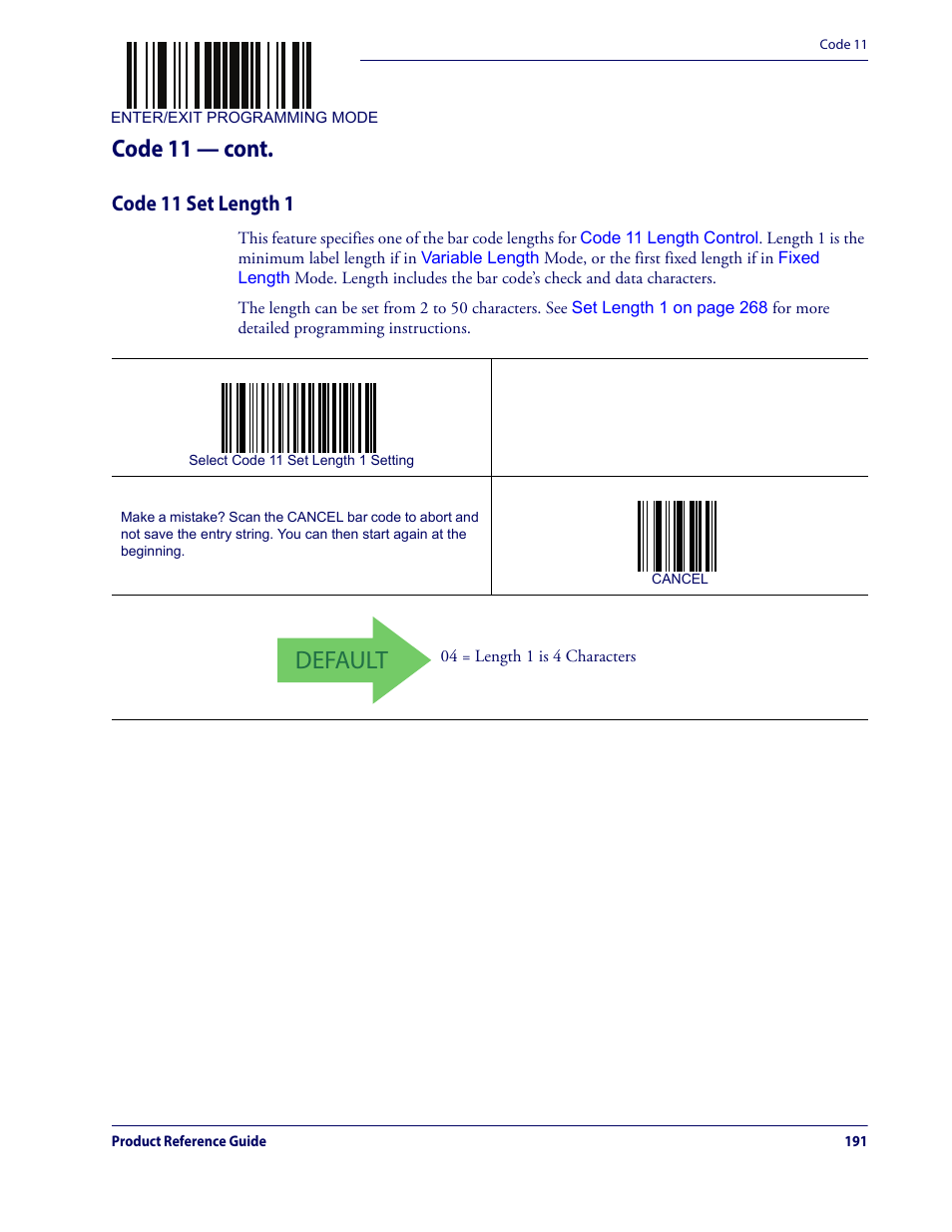 Code 11 set length 1, Default, Code 11 — cont | Datalogic QuickScan Lite QW2100 User Manual | Page 201 / 324