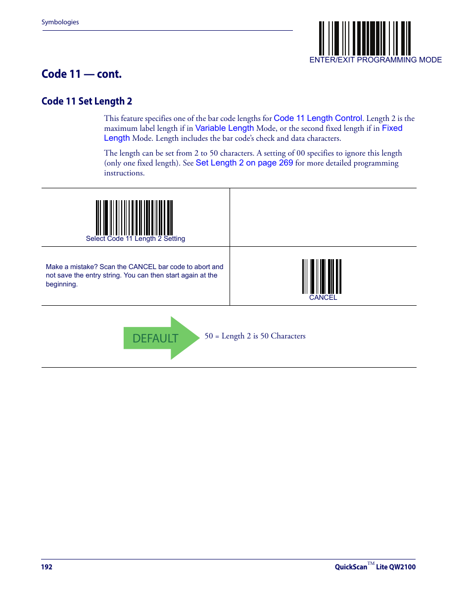 Code 11 set length 2, Default, Code 11 — cont | Datalogic QuickScan Lite QW2100 User Manual | Page 202 / 324