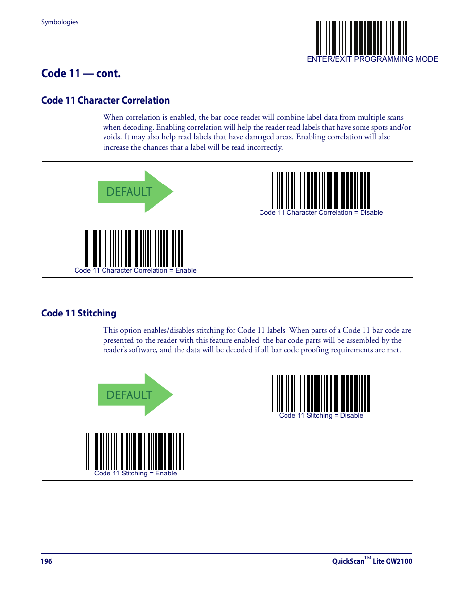 Code 11 character correlation code 11 stitching, Default, Code 11 — cont | Code 11 character correlation, Code 11 stitching | Datalogic QuickScan Lite QW2100 User Manual | Page 206 / 324