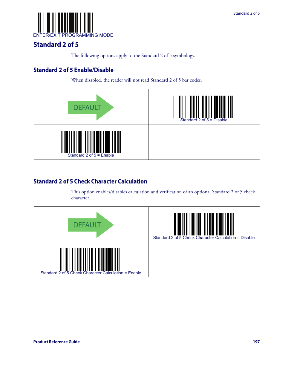 Standard 2 of 5, Default, Standard 2 of 5 enable/disable | Standard 2 of 5 check character calculation | Datalogic QuickScan Lite QW2100 User Manual | Page 207 / 324