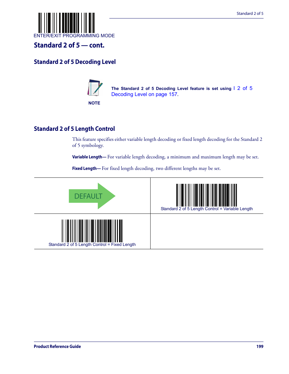 Standard 2 of 5 decoding level, Standard 2 of 5 length control, Default | Standard 2 of 5 — cont | Datalogic QuickScan Lite QW2100 User Manual | Page 209 / 324