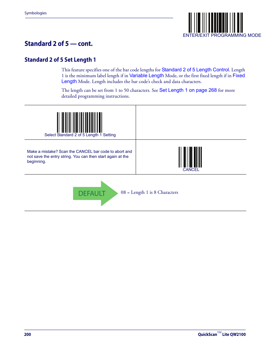 Standard 2 of 5 set length 1, Default, Standard 2 of 5 — cont | Datalogic QuickScan Lite QW2100 User Manual | Page 210 / 324