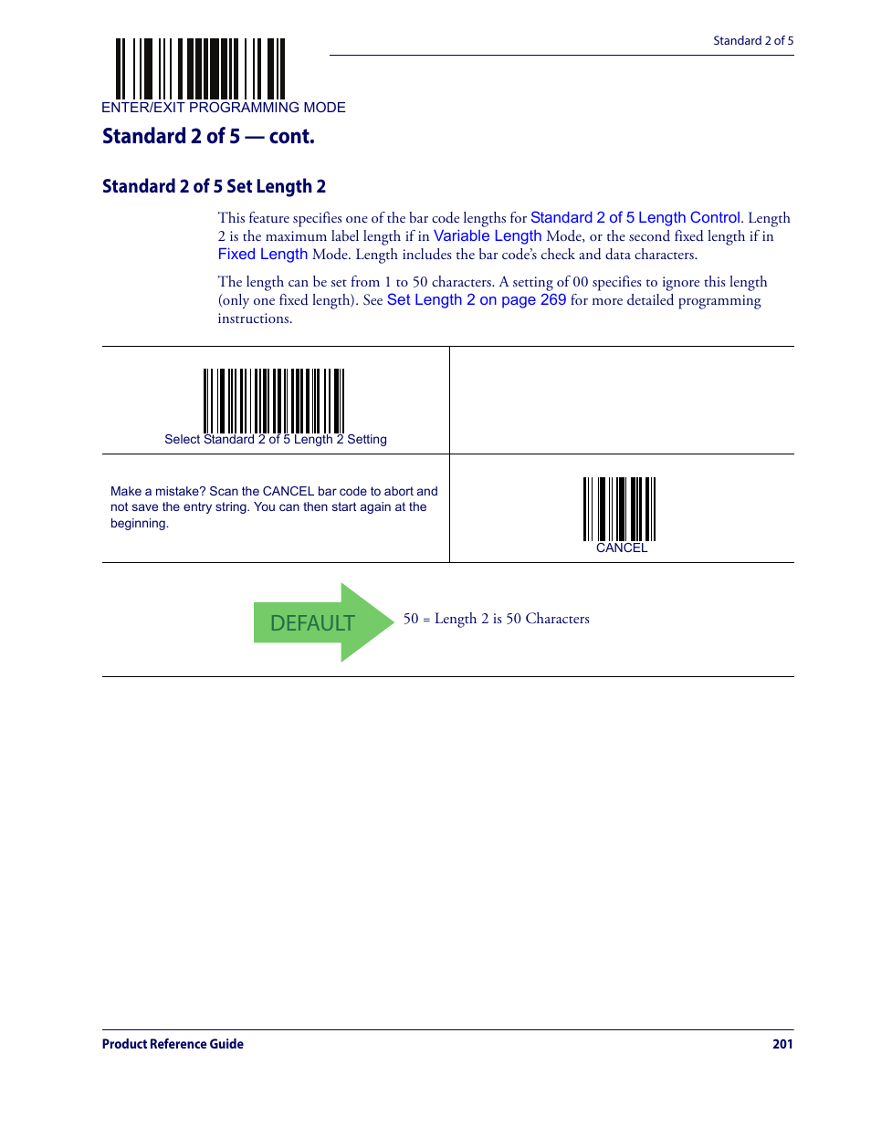 Standard 2 of 5 set length 2, Default, Standard 2 of 5 — cont | Datalogic QuickScan Lite QW2100 User Manual | Page 211 / 324