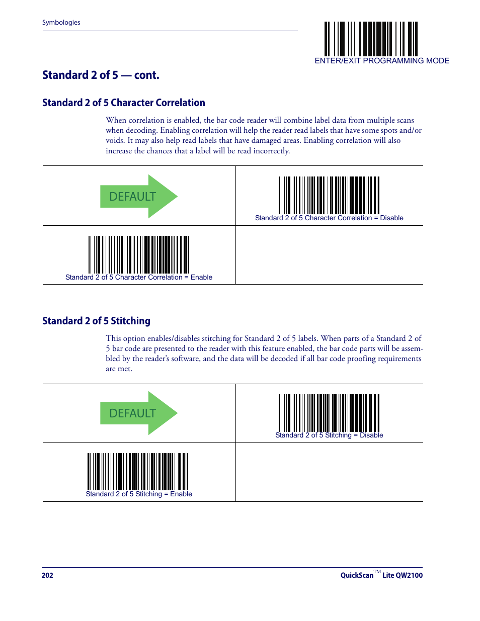 Default, Standard 2 of 5 — cont, Standard 2 of 5 character correlation | Standard 2 of 5 stitching | Datalogic QuickScan Lite QW2100 User Manual | Page 212 / 324