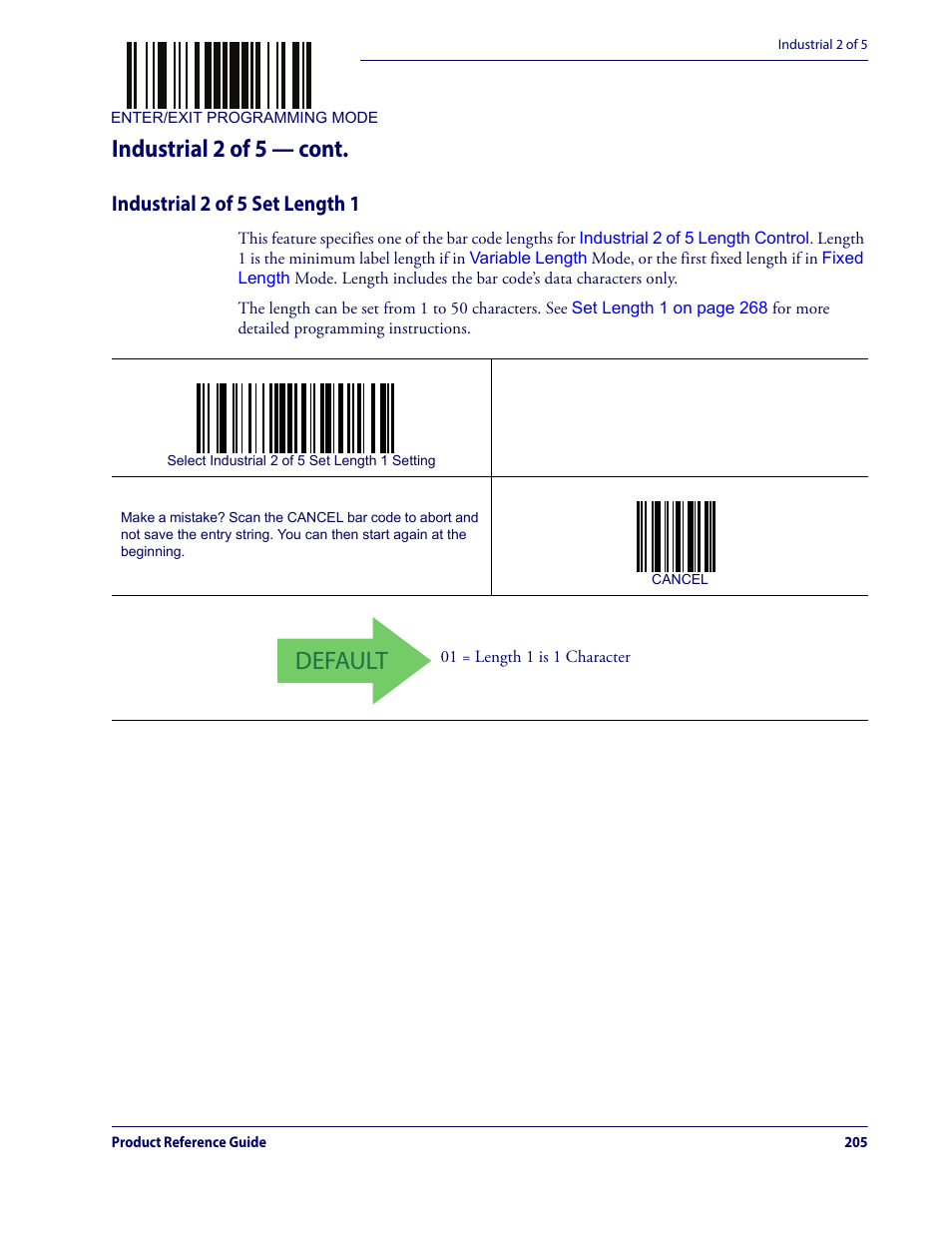 Industrial 2 of 5 set length 1, Default, Industrial 2 of 5 — cont | Datalogic QuickScan Lite QW2100 User Manual | Page 215 / 324