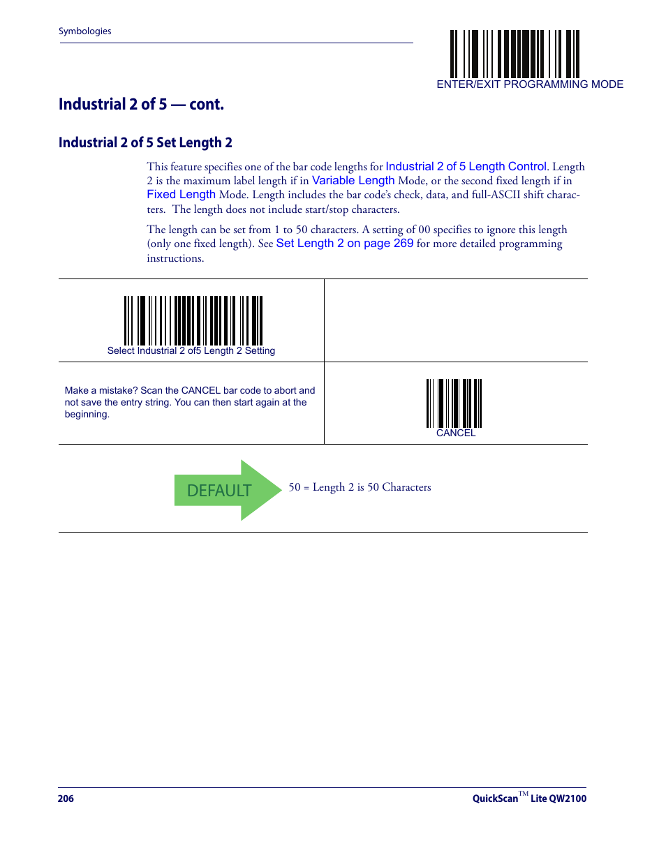 Industrial 2 of 5 set length 2, Default, Industrial 2 of 5 — cont | Datalogic QuickScan Lite QW2100 User Manual | Page 216 / 324