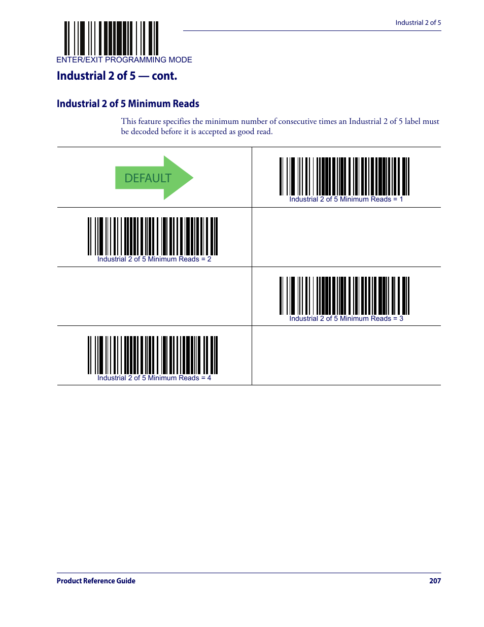 Industrial 2 of 5 minimum reads, Default, Industrial 2 of 5 — cont | Datalogic QuickScan Lite QW2100 User Manual | Page 217 / 324