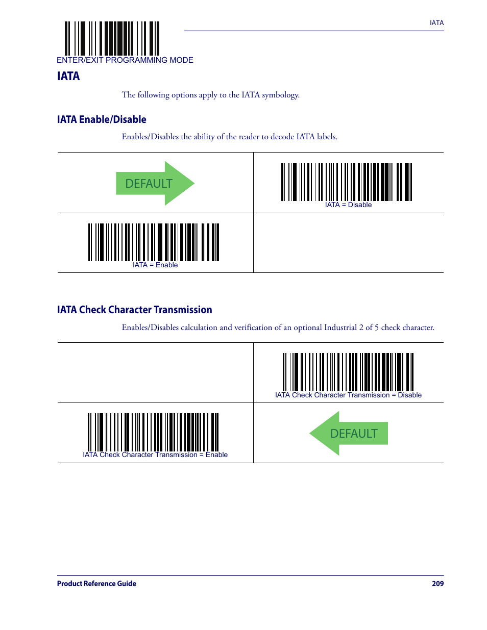 Iata, Default, Iata enable/disable | Iata check character transmission | Datalogic QuickScan Lite QW2100 User Manual | Page 219 / 324