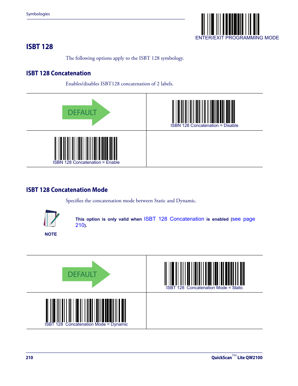 Isbt 128, Isbt 128 concatenation isbt 128 concatenation mode, Default | Isbt 128 concatenation, Isbt 128 concatenation mode | Datalogic QuickScan Lite QW2100 User Manual | Page 220 / 324