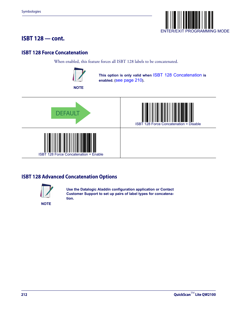 Default, Isbt 128 — cont, Isbt 128 force concatenation | Isbt 128 advanced concatenation options | Datalogic QuickScan Lite QW2100 User Manual | Page 222 / 324