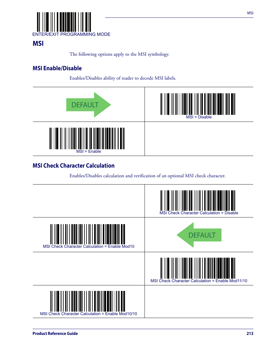 Msi enable/disable msi check character calculation, Default, Msi enable/disable | Msi check character calculation | Datalogic QuickScan Lite QW2100 User Manual | Page 223 / 324