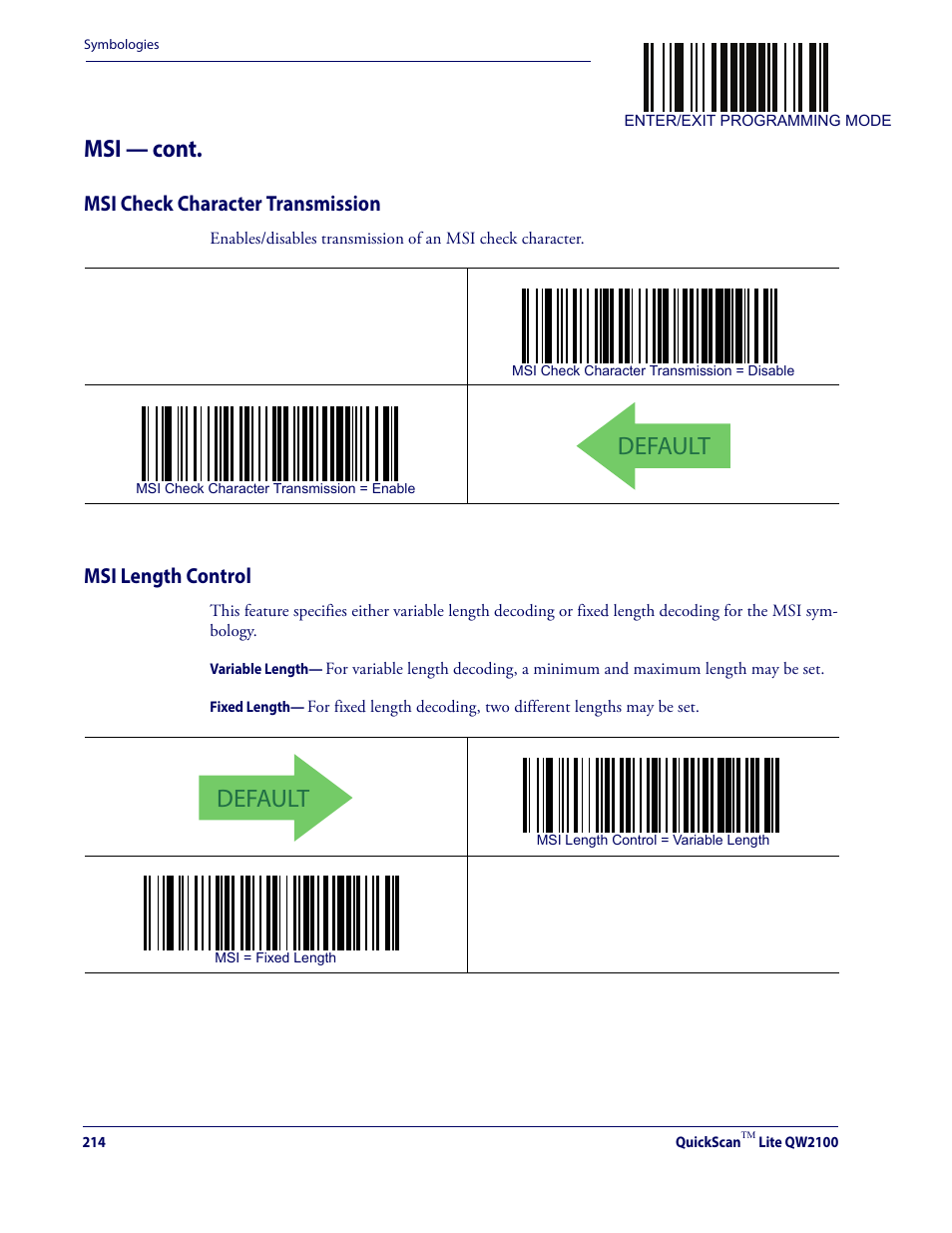 Default, Msi — cont, Msi check character transmission | Msi length control | Datalogic QuickScan Lite QW2100 User Manual | Page 224 / 324