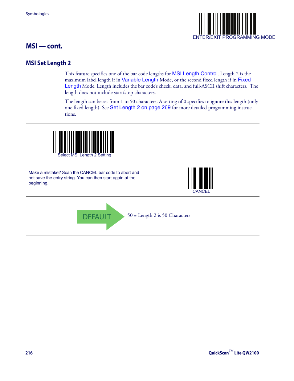 Msi set length 2, Default, Msi — cont | Datalogic QuickScan Lite QW2100 User Manual | Page 226 / 324