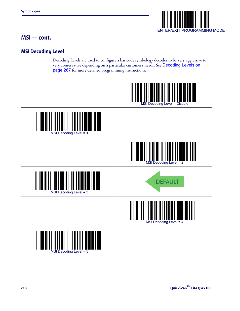 Msi decoding level, Default, Msi — cont | Datalogic QuickScan Lite QW2100 User Manual | Page 228 / 324