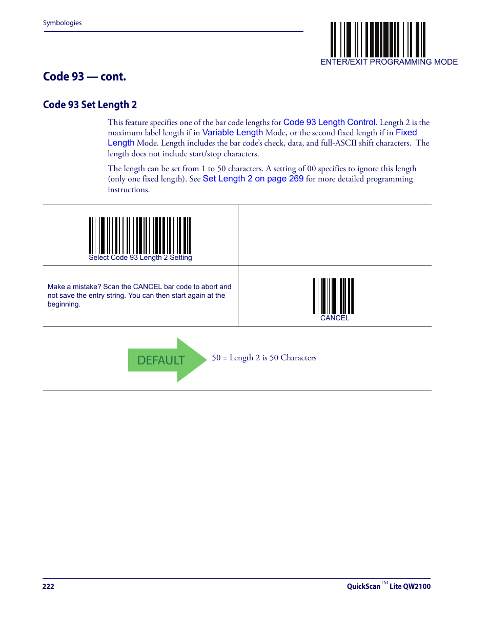 Code 93 set length 2, Default, Code 93 — cont | Datalogic QuickScan Lite QW2100 User Manual | Page 232 / 324