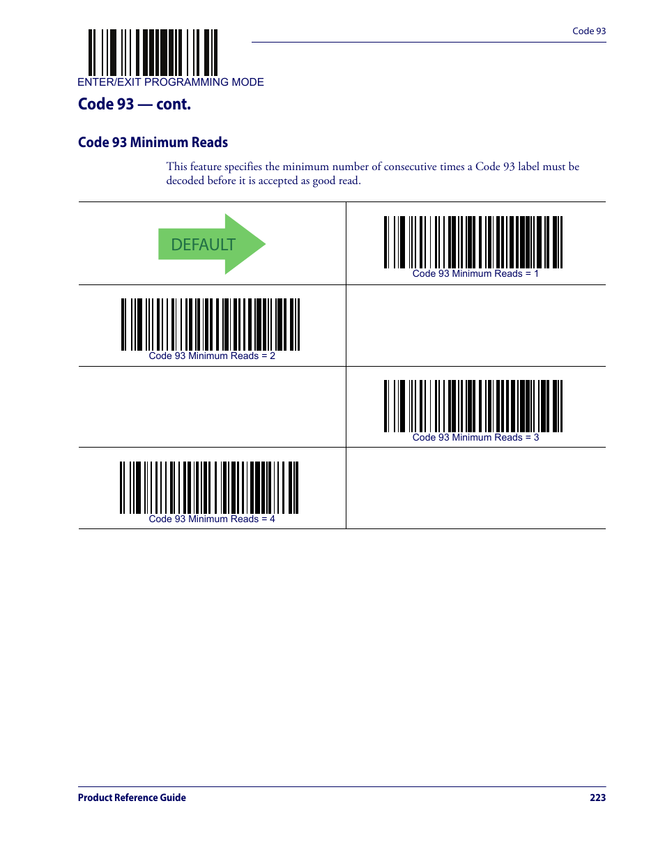 Code 93 minimum reads, Default, Code 93 — cont | Datalogic QuickScan Lite QW2100 User Manual | Page 233 / 324