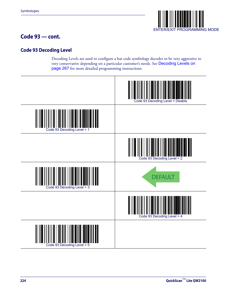 Code 93 decoding level, Default, Code 93 — cont | Datalogic QuickScan Lite QW2100 User Manual | Page 234 / 324