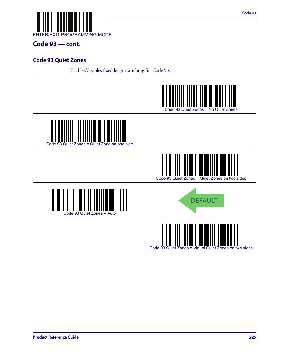 Code 93 quiet zones, Default, Code 93 — cont | Datalogic QuickScan Lite QW2100 User Manual | Page 235 / 324