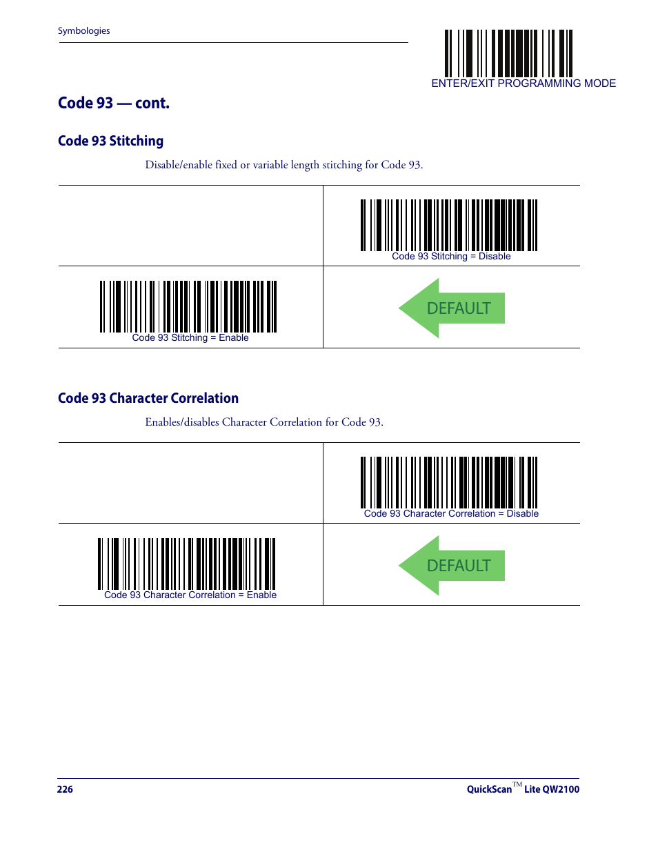 Code 93 stitching code 93 character correlation, Default, Code 93 — cont | Code 93 stitching, Code 93 character correlation | Datalogic QuickScan Lite QW2100 User Manual | Page 236 / 324