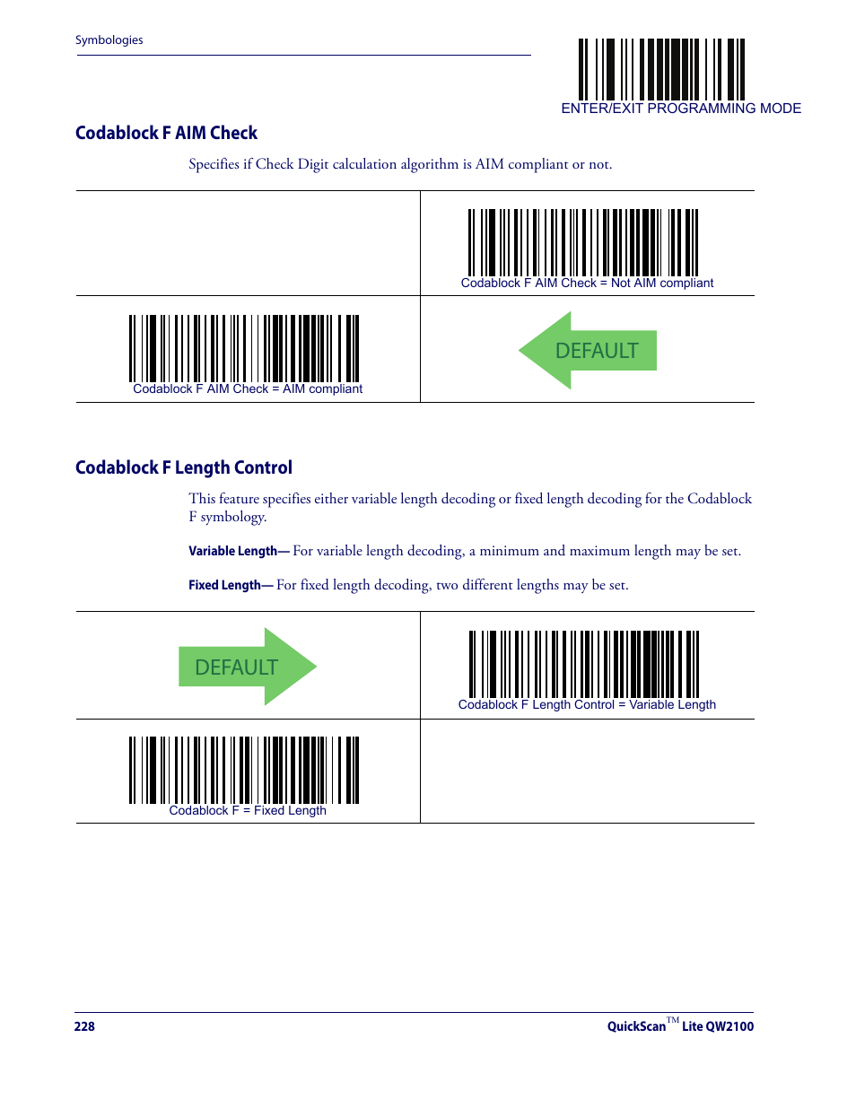 Codablock f aim check codablock f length control, Default, Codablock f aim check | Codablock f length control | Datalogic QuickScan Lite QW2100 User Manual | Page 238 / 324