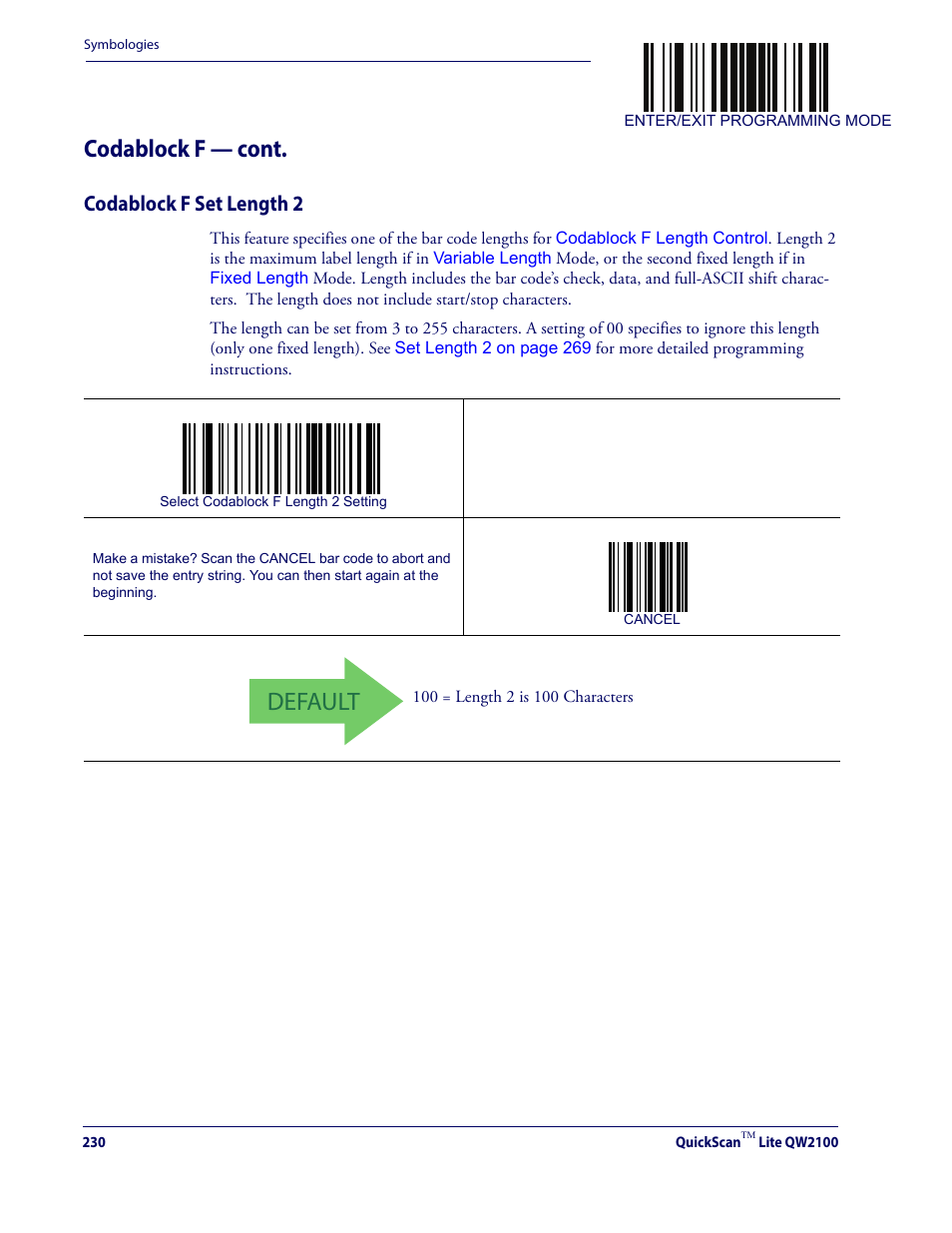 Codablock f set length 2, Default, Codablock f — cont | Datalogic QuickScan Lite QW2100 User Manual | Page 240 / 324