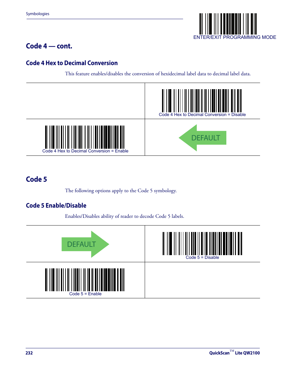 Code 4 hex to decimal conversion, Code 5, Code 5 enable/disable | Default, Code 4 — cont | Datalogic QuickScan Lite QW2100 User Manual | Page 242 / 324