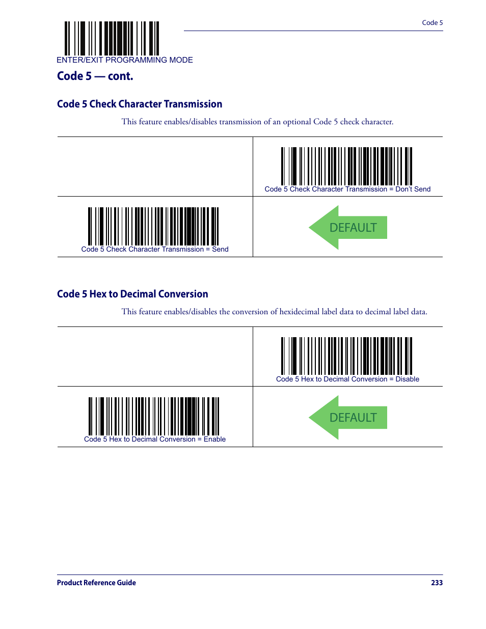 Default, Code 5 — cont | Datalogic QuickScan Lite QW2100 User Manual | Page 243 / 324