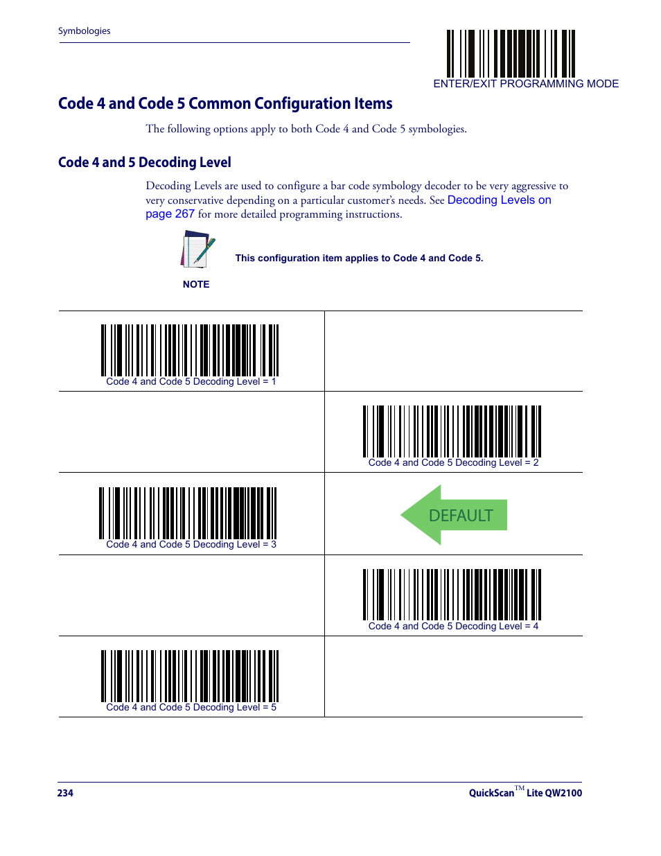 Code 4 and code 5 common configuration items, Code 4 and 5 decoding level, Default | Datalogic QuickScan Lite QW2100 User Manual | Page 244 / 324