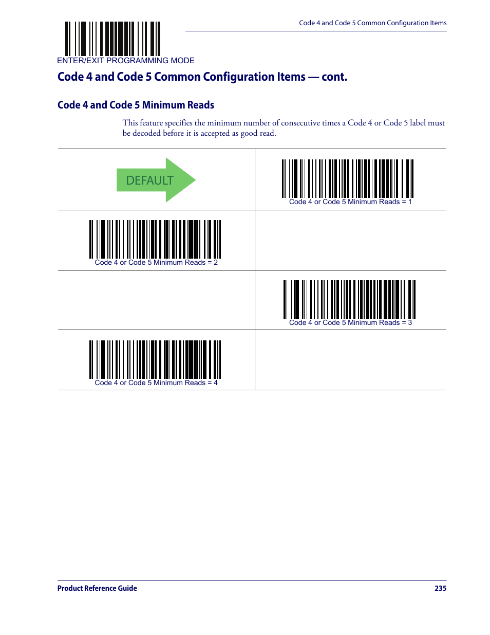 Code 4 and code 5 minimum reads, Default | Datalogic QuickScan Lite QW2100 User Manual | Page 245 / 324