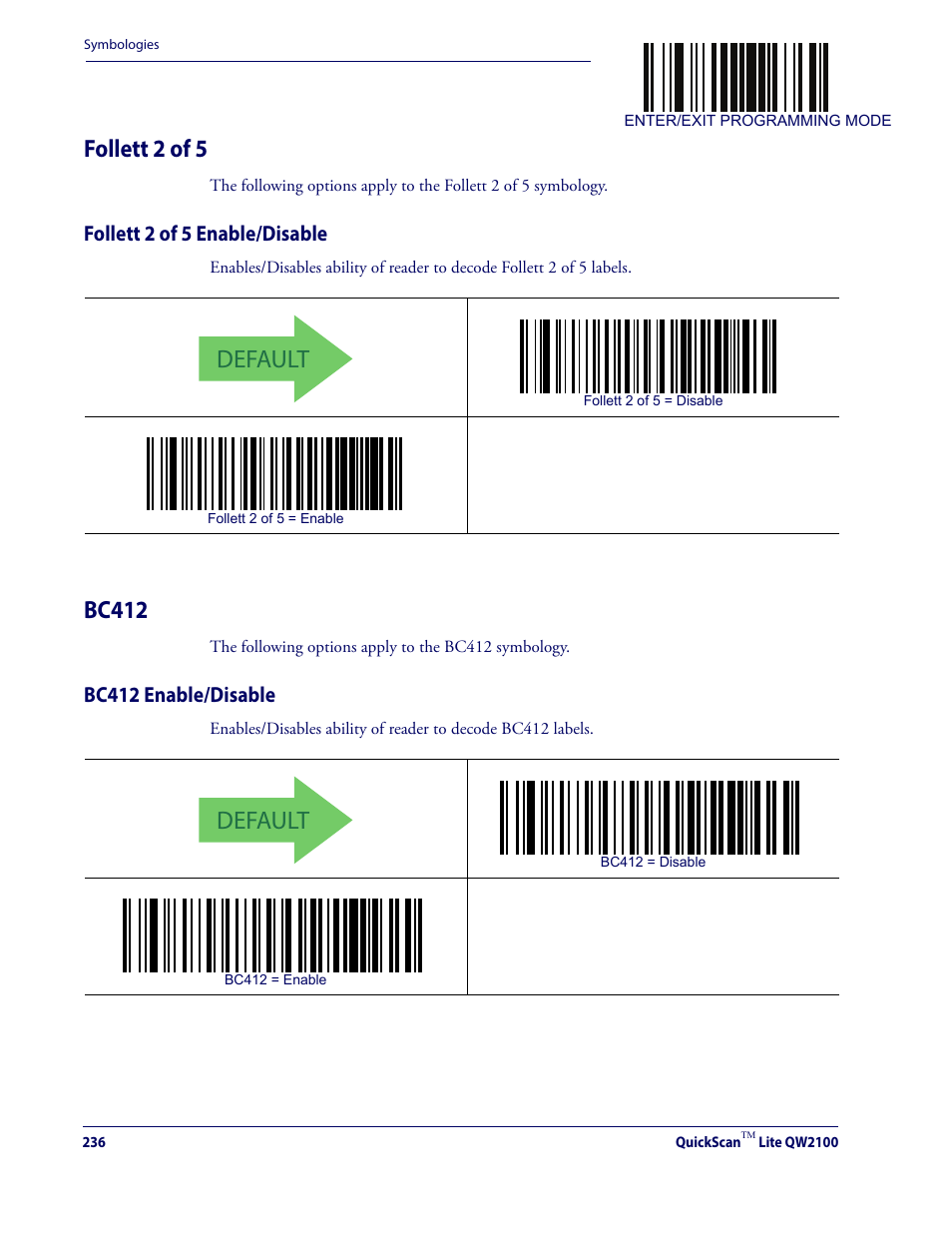 Follett 2 of 5, Follett 2 of 5 enable/disable, Bc412 | Bc412 enable/disable, Default | Datalogic QuickScan Lite QW2100 User Manual | Page 246 / 324