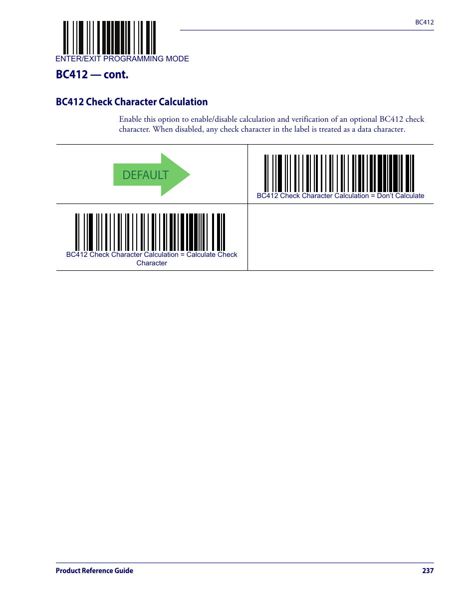 Bc412 check character calculation, Default, Bc412 — cont | Datalogic QuickScan Lite QW2100 User Manual | Page 247 / 324