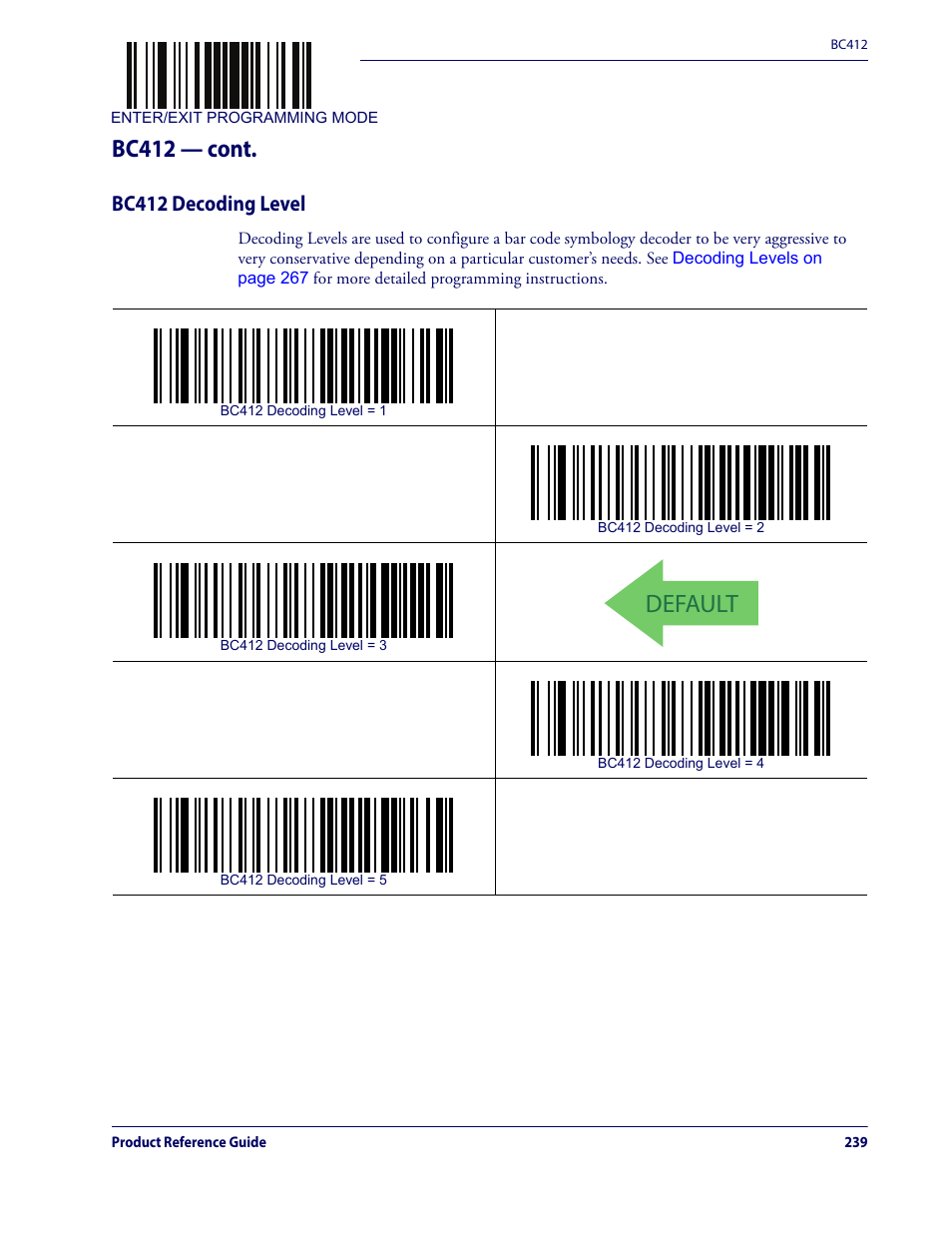 Bc412 decoding level, Default, Bc412 — cont | Datalogic QuickScan Lite QW2100 User Manual | Page 249 / 324