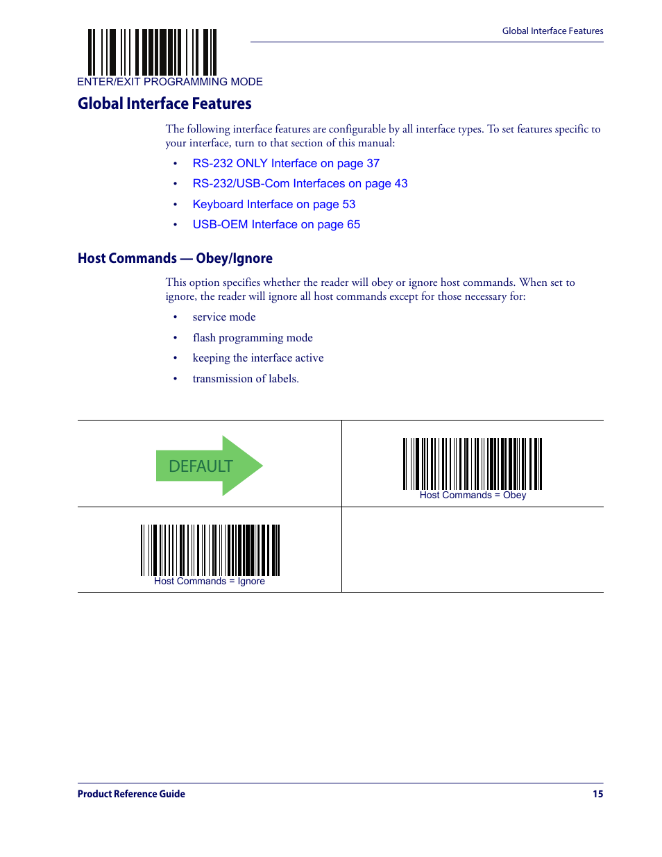 Global interface features, Host commands — obey/ignore, Default | Datalogic QuickScan Lite QW2100 User Manual | Page 25 / 324