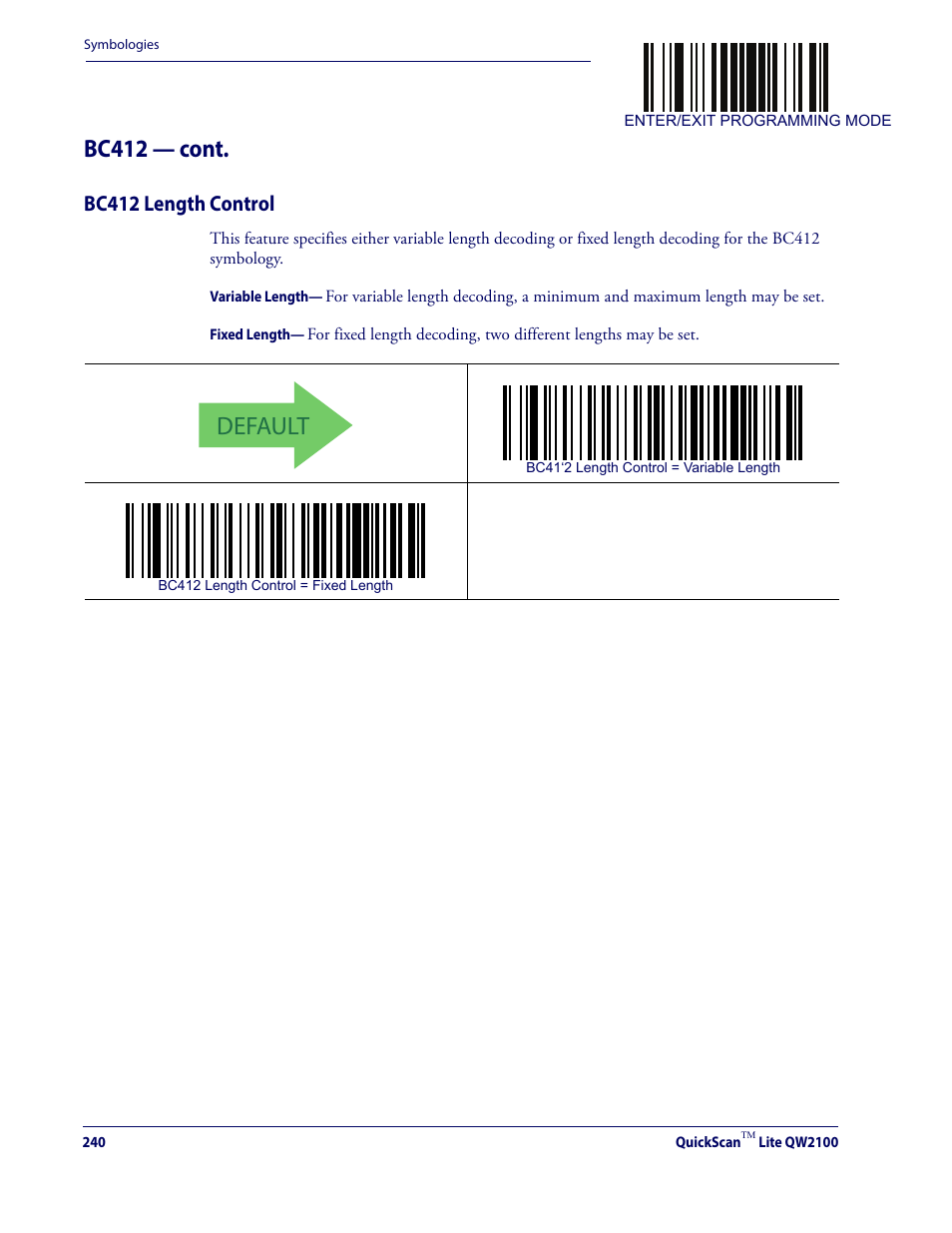 Bc412 length control, Default, Bc412 — cont | Datalogic QuickScan Lite QW2100 User Manual | Page 250 / 324