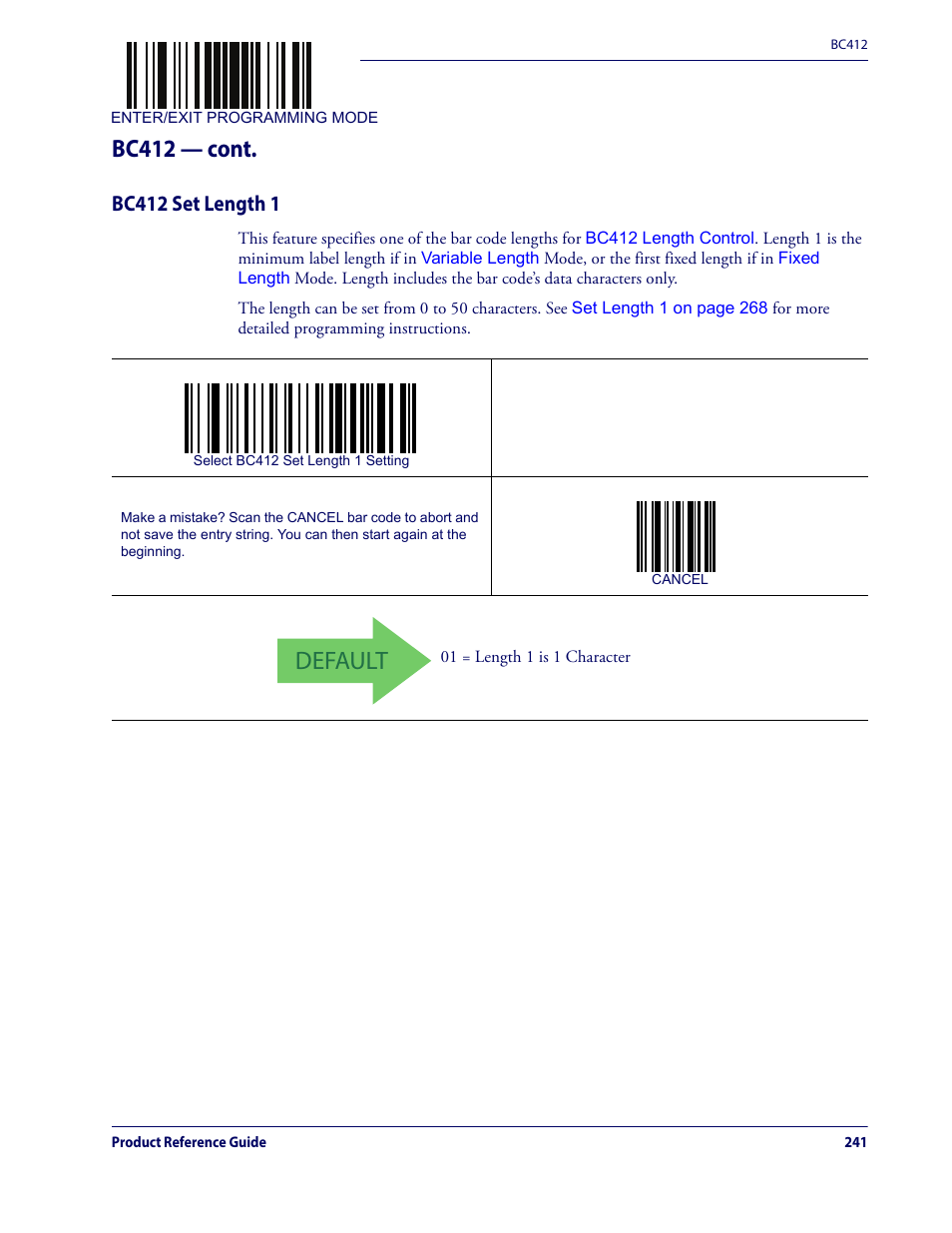 Bc412 set length 1, Default, Bc412 — cont | Datalogic QuickScan Lite QW2100 User Manual | Page 251 / 324