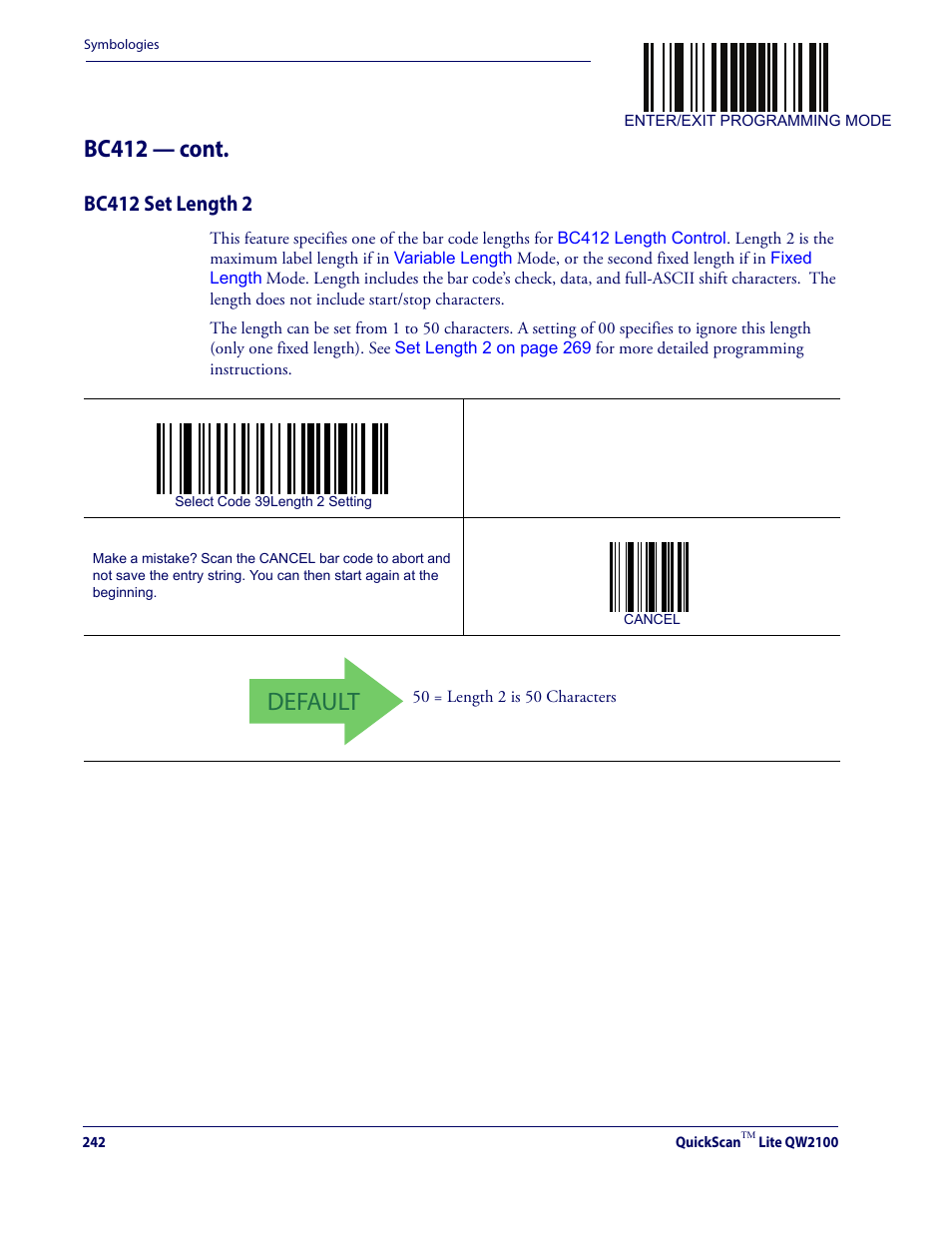 Bc412 set length 2, Default, Bc412 — cont | Datalogic QuickScan Lite QW2100 User Manual | Page 252 / 324