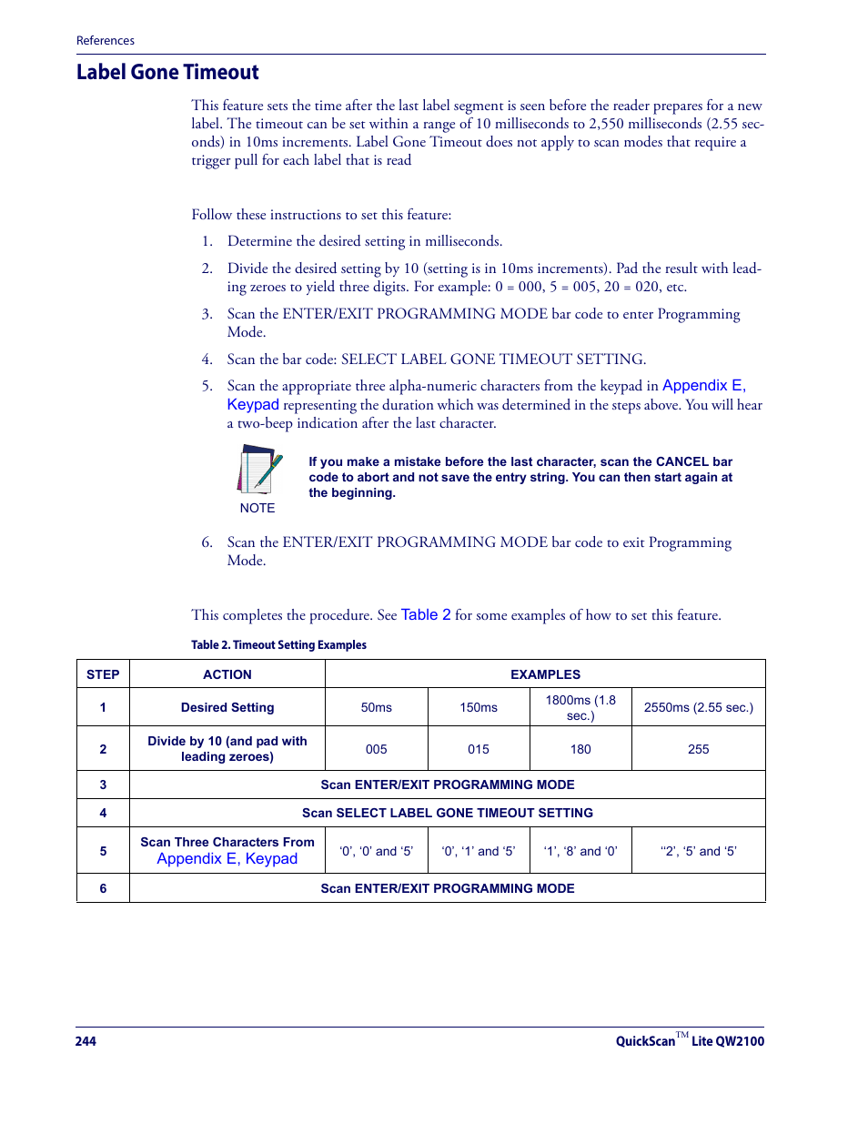 Label gone timeout | Datalogic QuickScan Lite QW2100 User Manual | Page 254 / 324