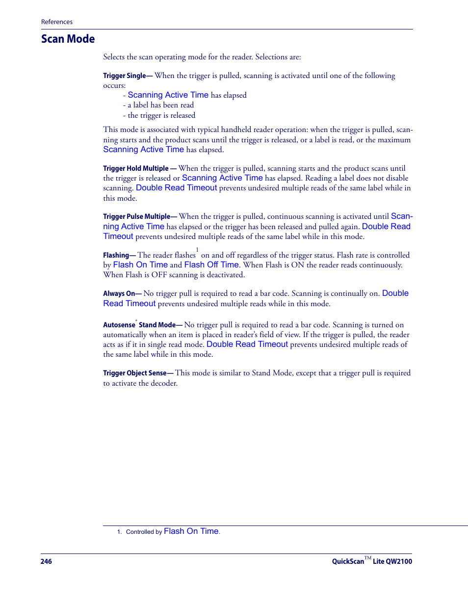 Scan mode, Trigger single, Mode | While in, Autosense® stand mode, Auto, Sense® stand mode | Datalogic QuickScan Lite QW2100 User Manual | Page 256 / 324