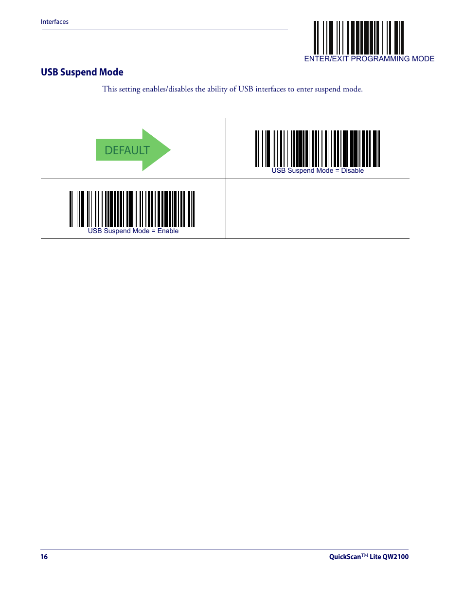 Usb suspend mode, Default | Datalogic QuickScan Lite QW2100 User Manual | Page 26 / 324