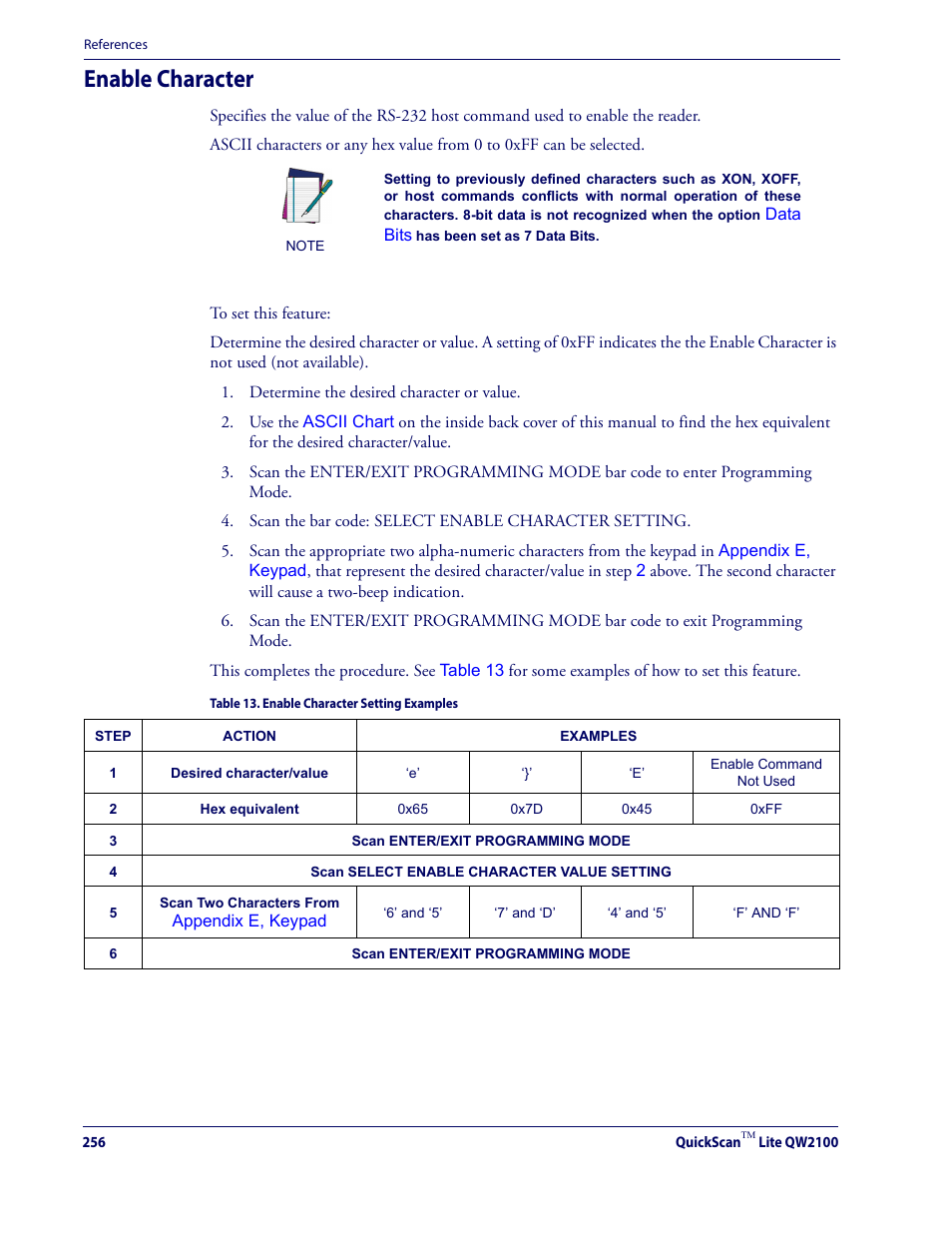 Enable character, Enable character on | Datalogic QuickScan Lite QW2100 User Manual | Page 266 / 324