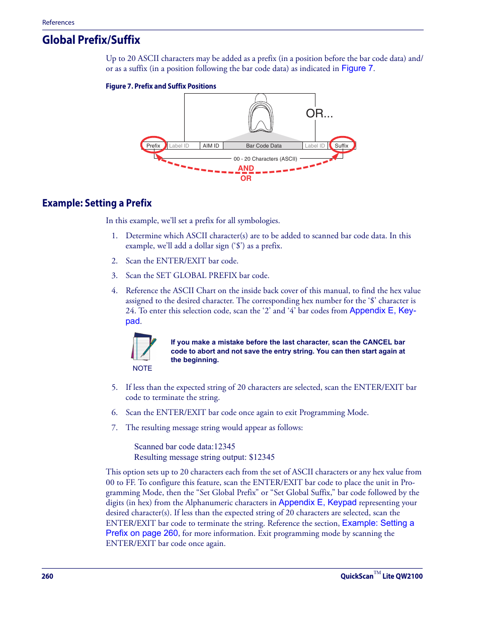 Global prefix/suffix, Example: setting a prefix, Global prefix/suf | Datalogic QuickScan Lite QW2100 User Manual | Page 270 / 324