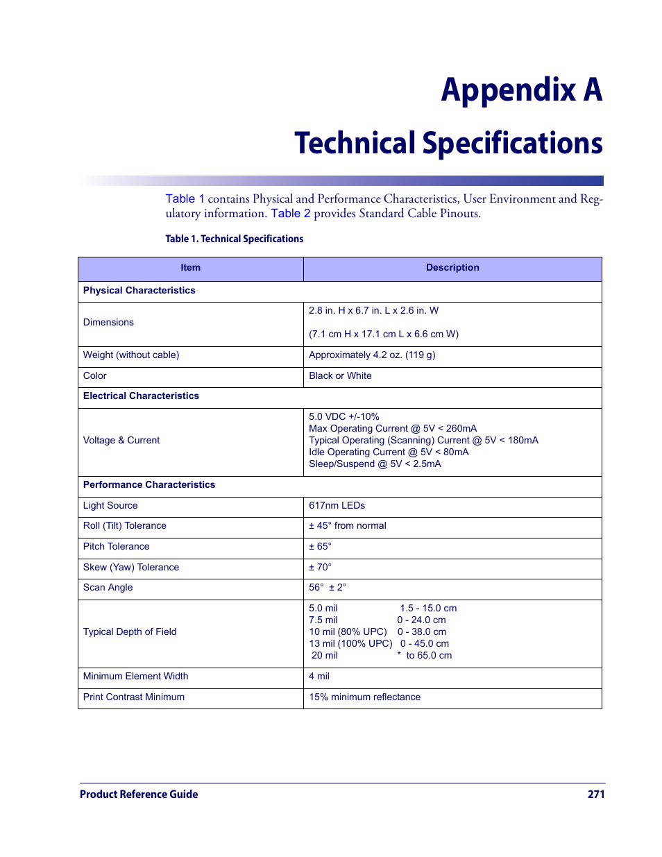Appendix a. technical specifications, Appendix a, technical specifications, Appendix a | Technical specifications | Datalogic QuickScan Lite QW2100 User Manual | Page 281 / 324