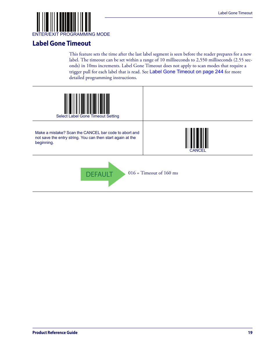 Label gone timeout, Default | Datalogic QuickScan Lite QW2100 User Manual | Page 29 / 324