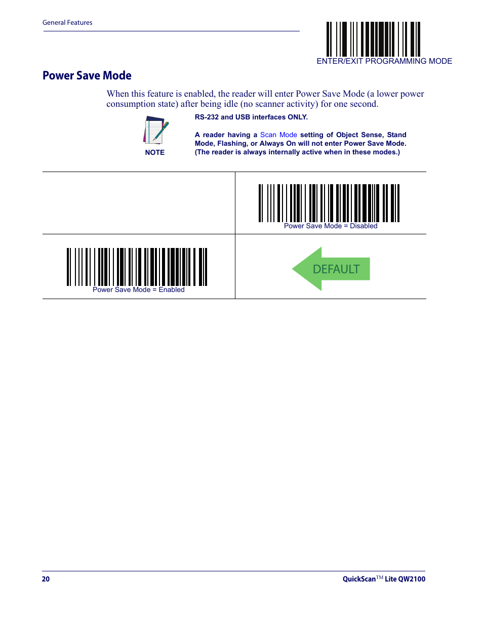 Power save mode, Default | Datalogic QuickScan Lite QW2100 User Manual | Page 30 / 324
