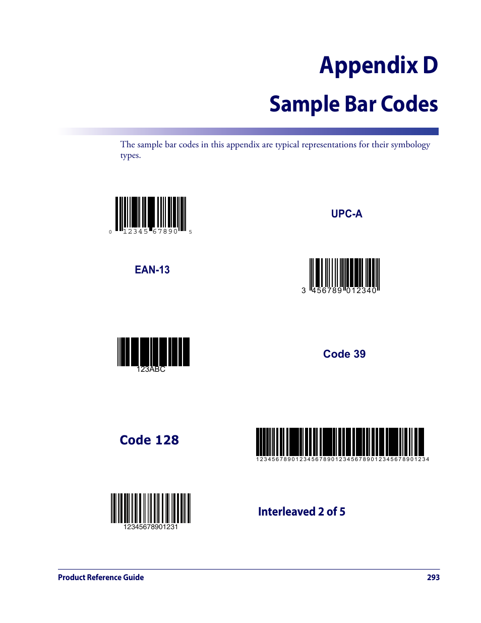 Appendix d. sample bar codes, Interleaved 2 of 5, Appendix d, sample bar codes | Appendix d, Sample bar codes | Datalogic QuickScan Lite QW2100 User Manual | Page 303 / 324
