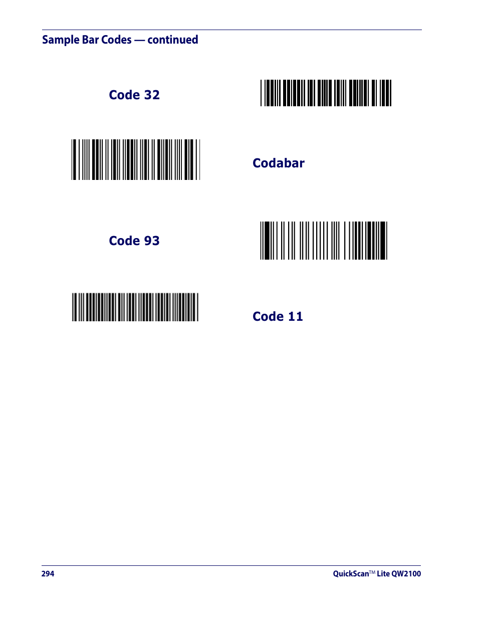 Codabar code 11 | Datalogic QuickScan Lite QW2100 User Manual | Page 304 / 324