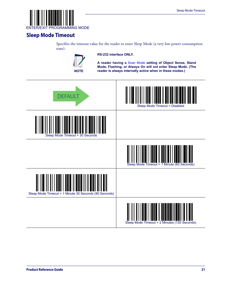 Sleep mode timeout, Default | Datalogic QuickScan Lite QW2100 User Manual | Page 31 / 324