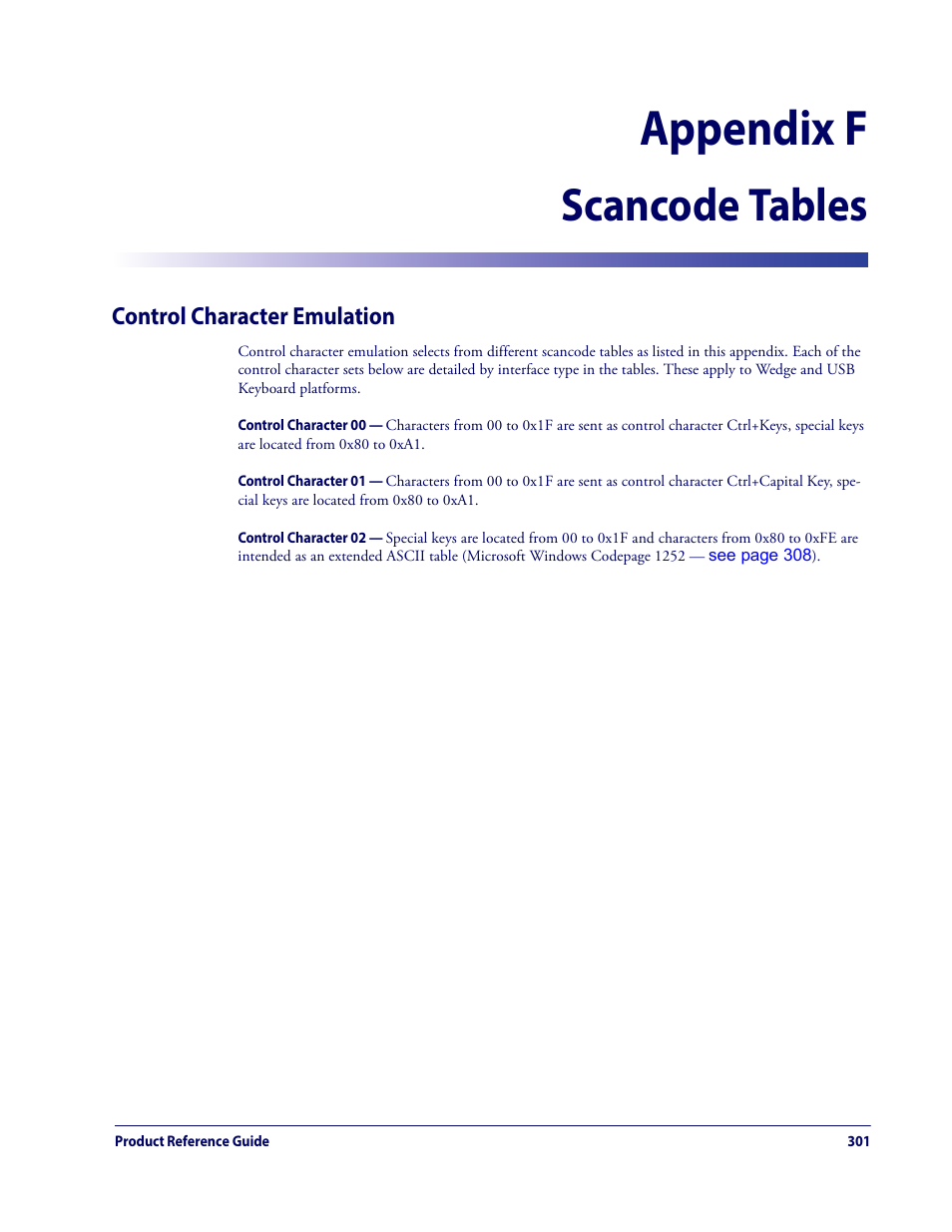 Appendix f. scancode tables, Control character emulation, Appendix f, scancode tables | Lists control character emul, Appendix f, scancode, Tables, Appendix f, Scancode tables | Datalogic QuickScan Lite QW2100 User Manual | Page 311 / 324