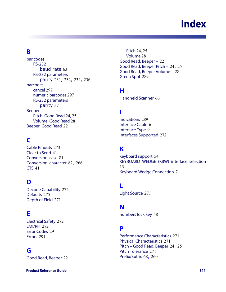 Index | Datalogic QuickScan Lite QW2100 User Manual | Page 321 / 324